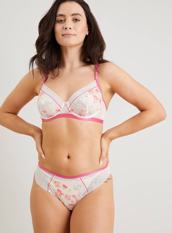 A-GG Pink Floral Embroidered Non Padded Sheer Balcony Bra - 